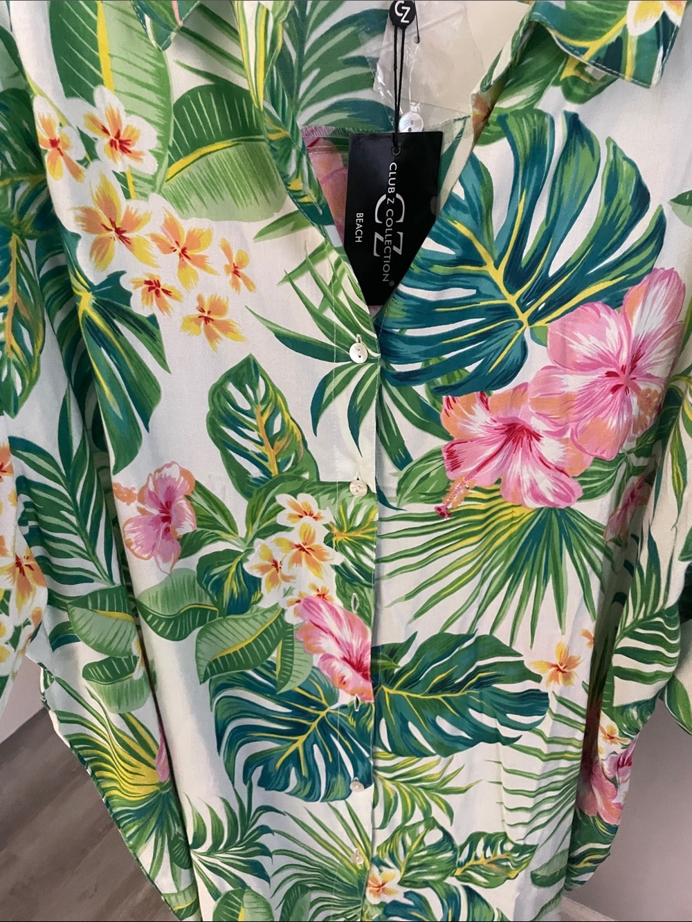 Tropical Floral Button-Front Swim Coverup - White with Pink & Green - Picture 6 of 8